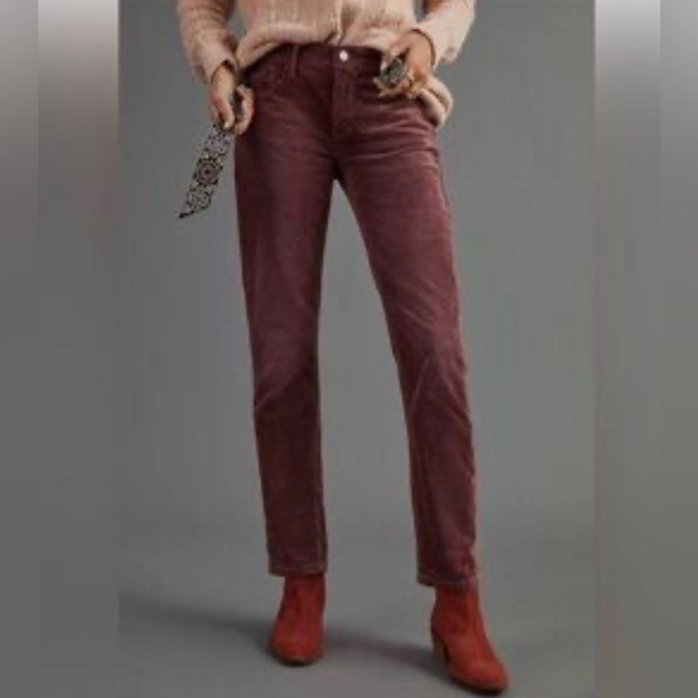 ANTHROPOLOGIE PILCRO SLIM BOYFRIEND CROP CORDUROY PANTS JEANS WINE 28